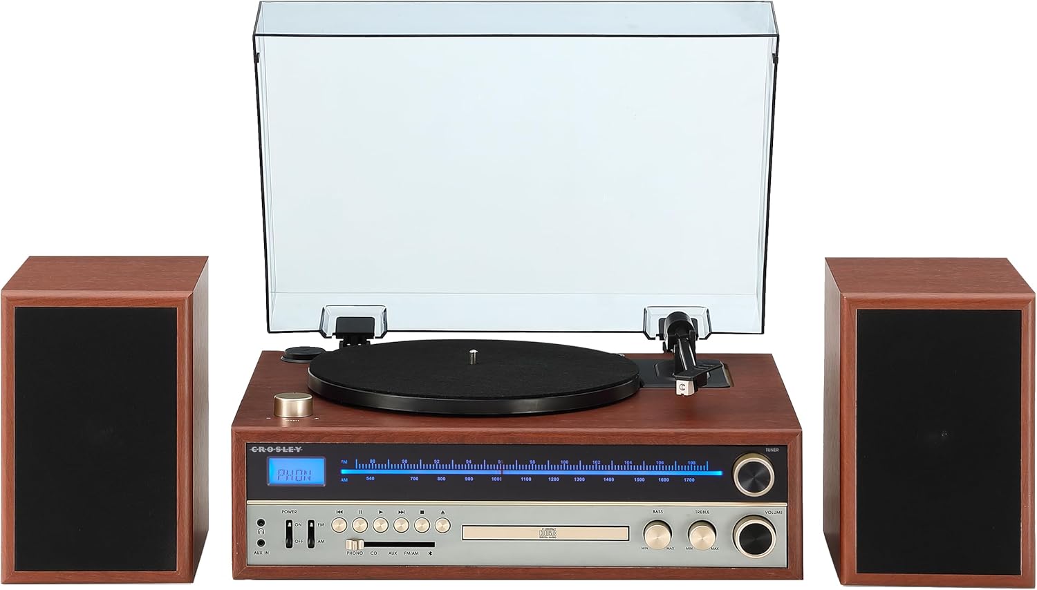 Crosley 1975T Turntable System with Bluetooth, CD, AM/FM and Included Speakers, Walnut