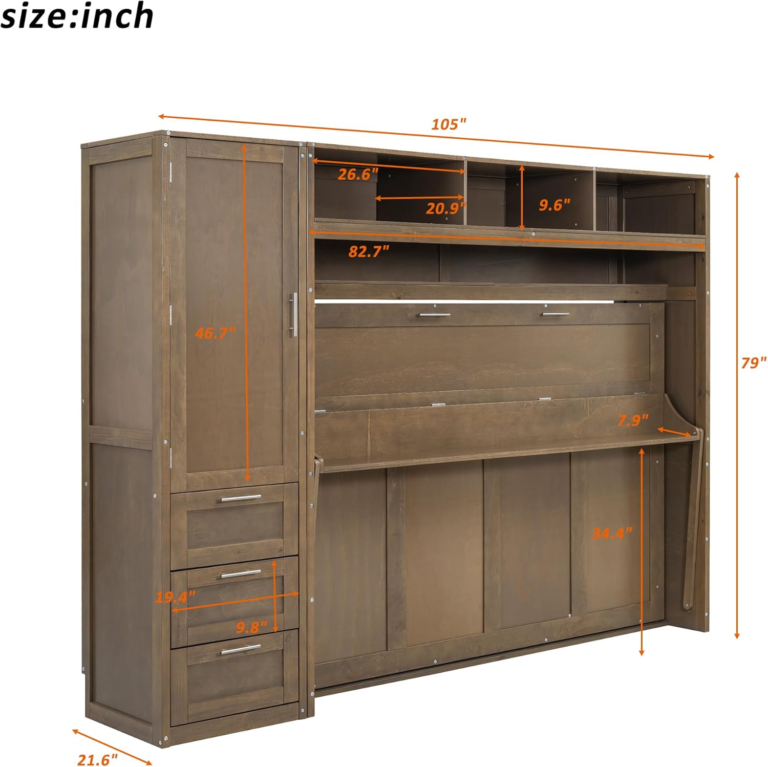 Merax Full Size Murphy Bed Frame Wallbed with Wardrobe,3 Drawers and Open Shelves,Space-Saving Design