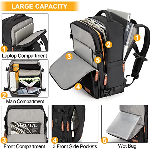 Travel Laptop Backpack,15.6 Inch Flight Approved Carry on Backpack,Waterproof Large 40L Hiking Backpack Casual Daypack (Black)