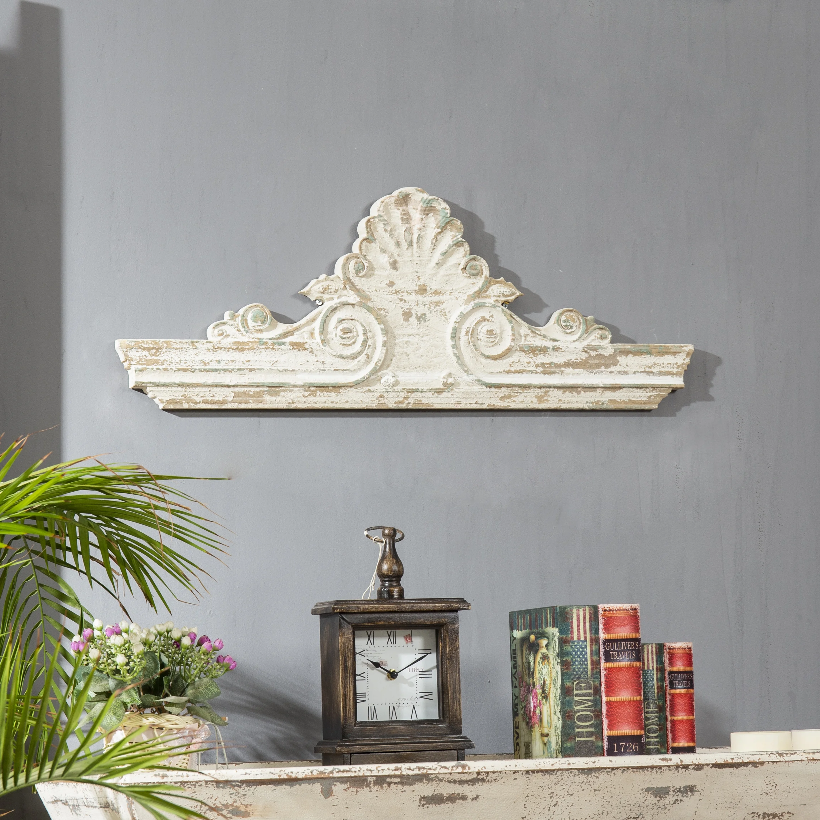 SOFE Distressed White Finish Wooden Scroll over the Door Decor 33