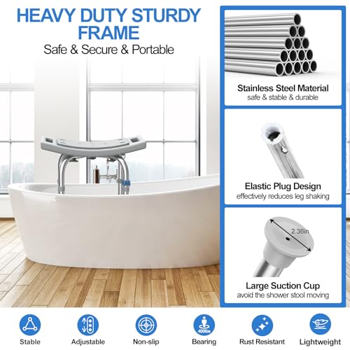 Upgraded Heavy Duty Stainless Steel Shower Chair Seat, Safety Anti-Slip 400lbs Shower Chair for Inside Shower, Adjustable Gray Bath Seat Chair w/Grab Bar, Bath Stool Chair for Senior,Disabled