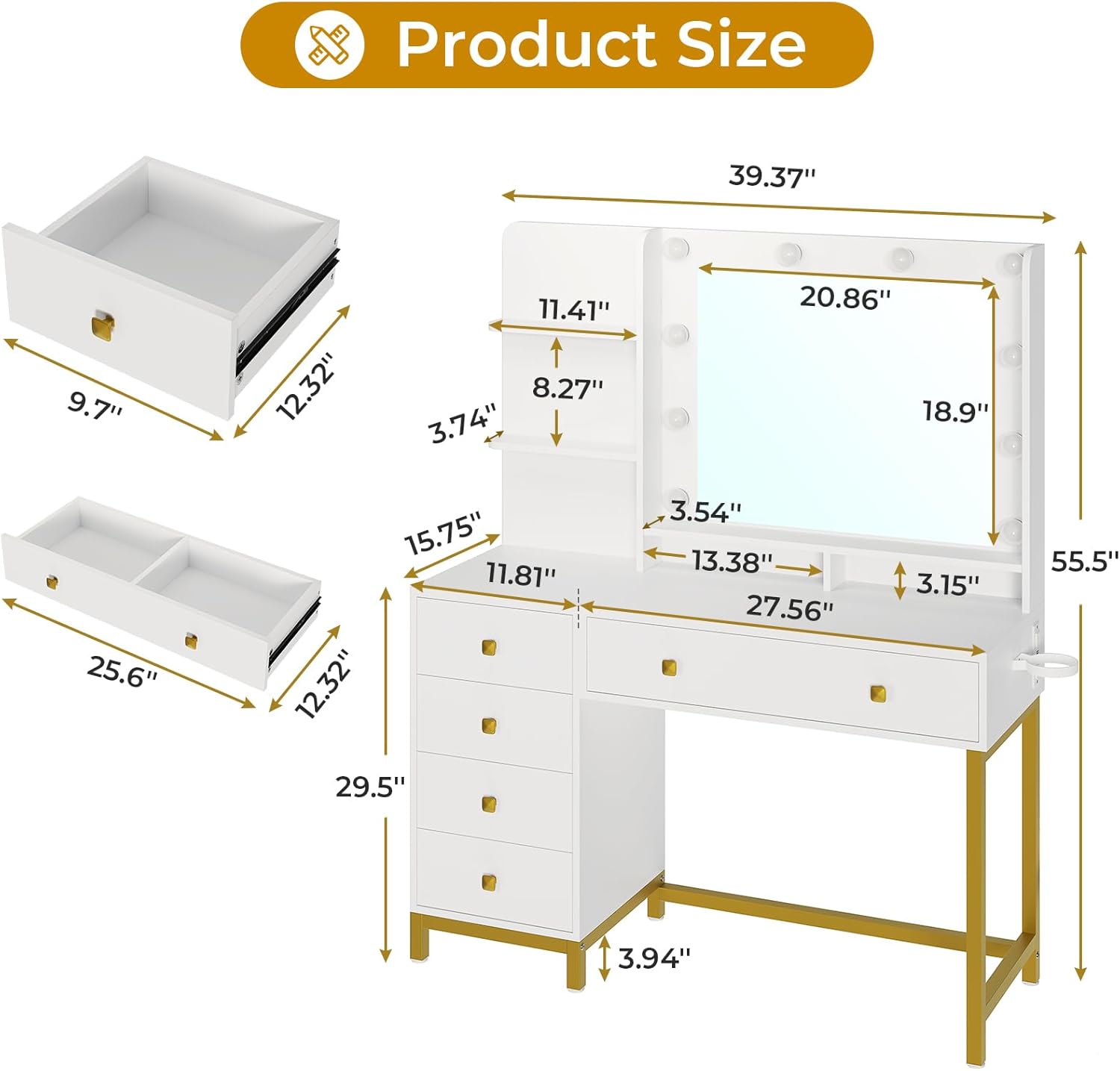 DICTAC Vanity Desk with Mirror,LED Lights and Power Outlet Makeup Vanity Table with 5 Drawers and 3 Storage Shelves Dressing Table,for Bedroom Dressing Room,(White)