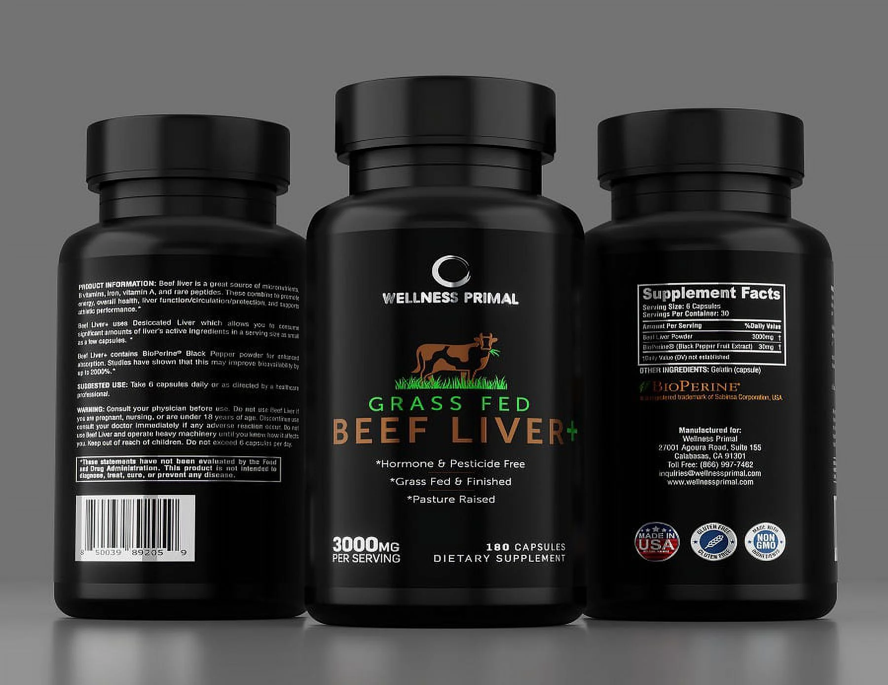 Wellness Primal Beef Liver Plus Supplement (Desiccated) Grass Fed , Argentinian Raised Cattle Natural Iron, Vitamin A, B12 for Energy (180 Capsules) (3 Bottle)