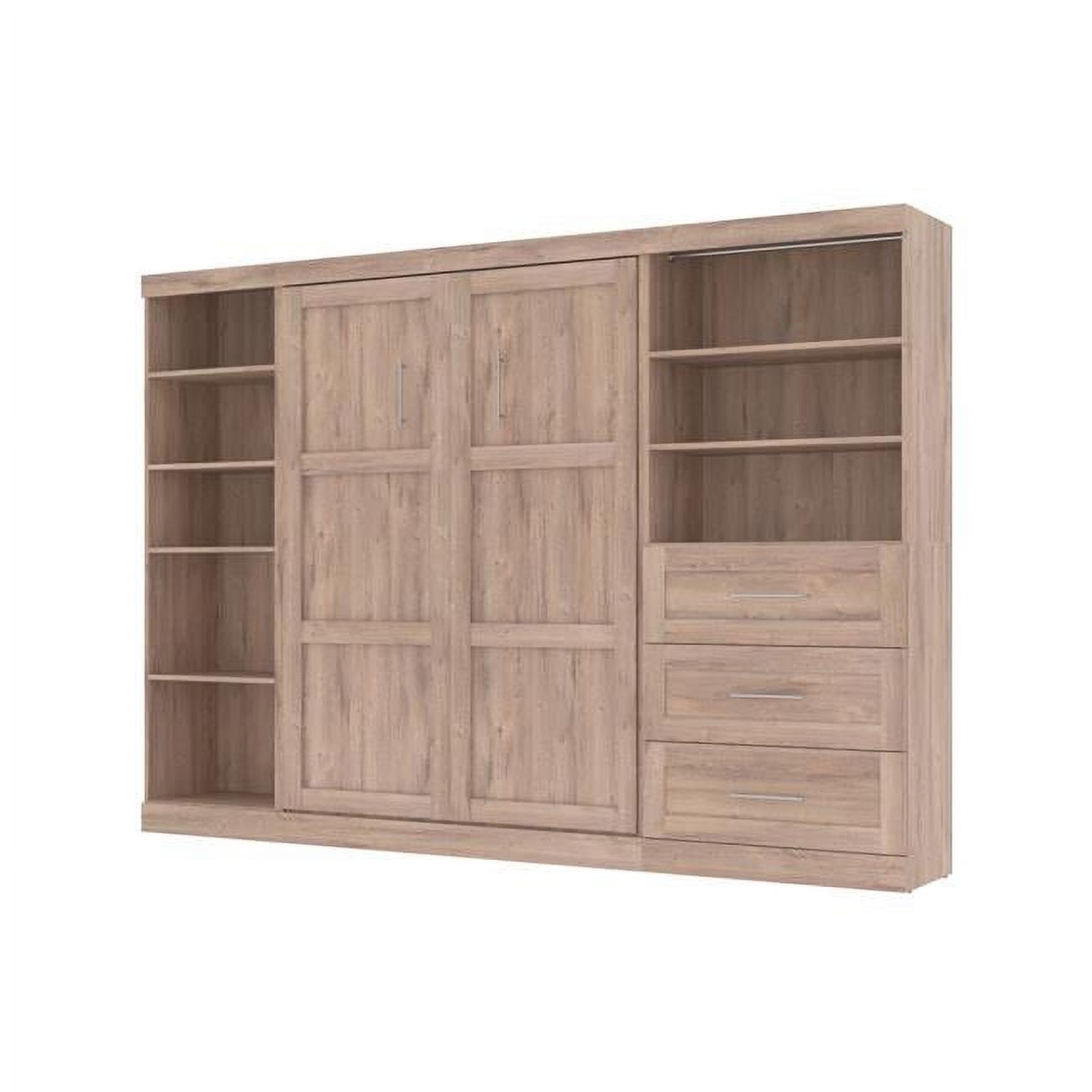 Bestar Pur Full Murphy Bed with Shelving and Drawers (120W) in Rustic Brown