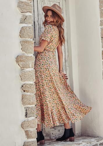 PRETTYGARDEN Women's Summer Wrap Maxi Dress Casual Boho Floral V Neck Short Sleeve Ruffle Hem Split Beach Long Dresses