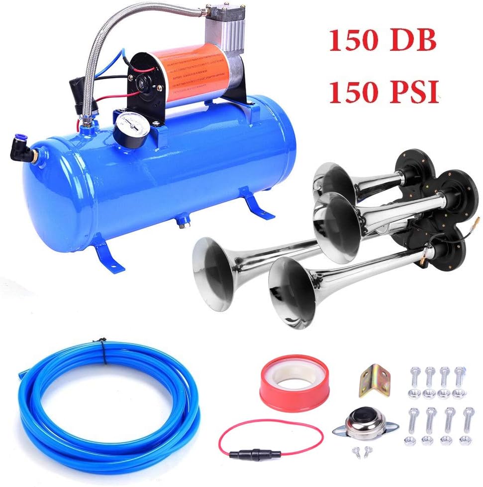 150DB Train Air Horn Kit, 4 Trumpet Loud Train Horns Kit for 150 PSI 12V Air Compressor 1.59 Gallon for Trucks, Cars, Van Boats Super Loud Air Horn( Blue)