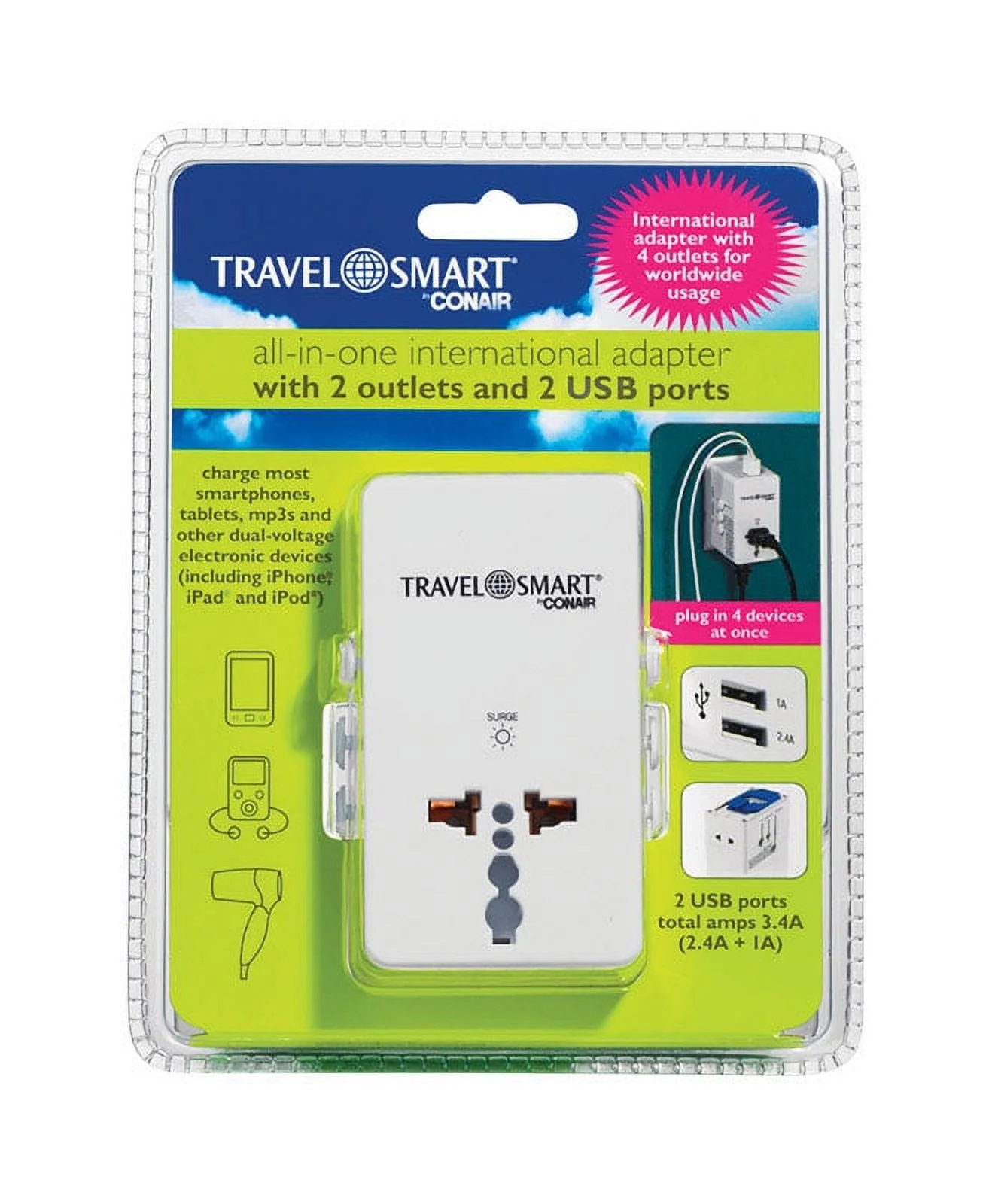 Conair-Travel Smart TS240AP All In One Adapter with 2 Outlets & 2 USB Ports