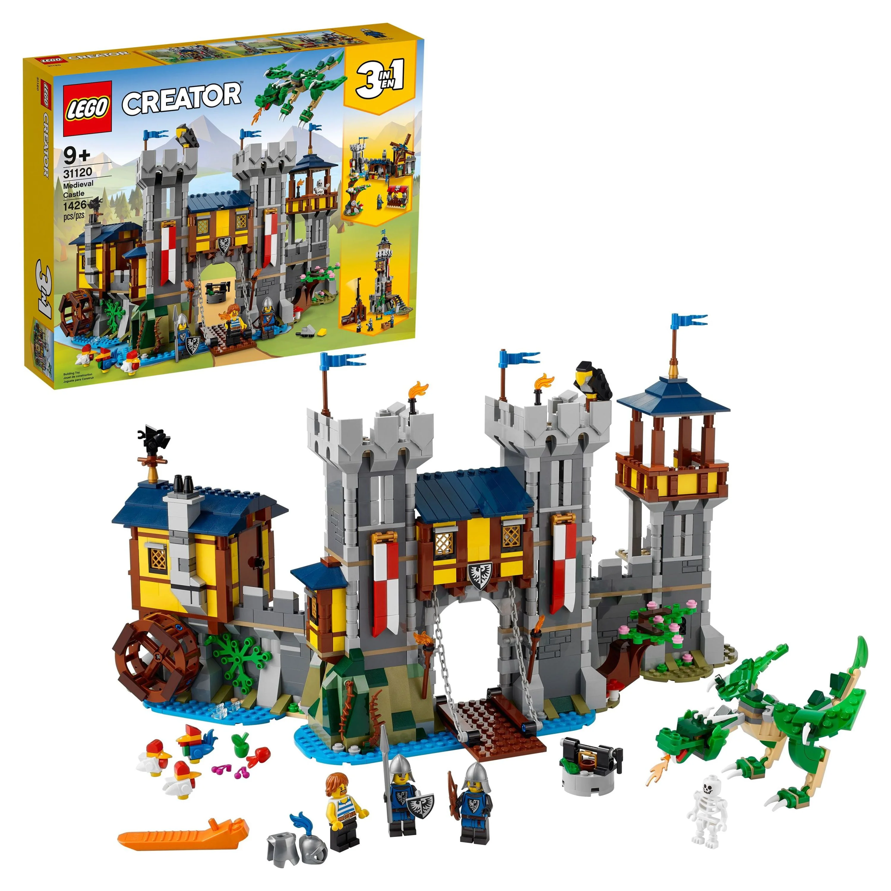 LEGO Creator 3 in 1 Medieval Castle Toy, Transforms from Castle to Tower to Marketplace, Includes Skeleton and Dragon Figure, with 3 Minifigures and Catapult, 31120