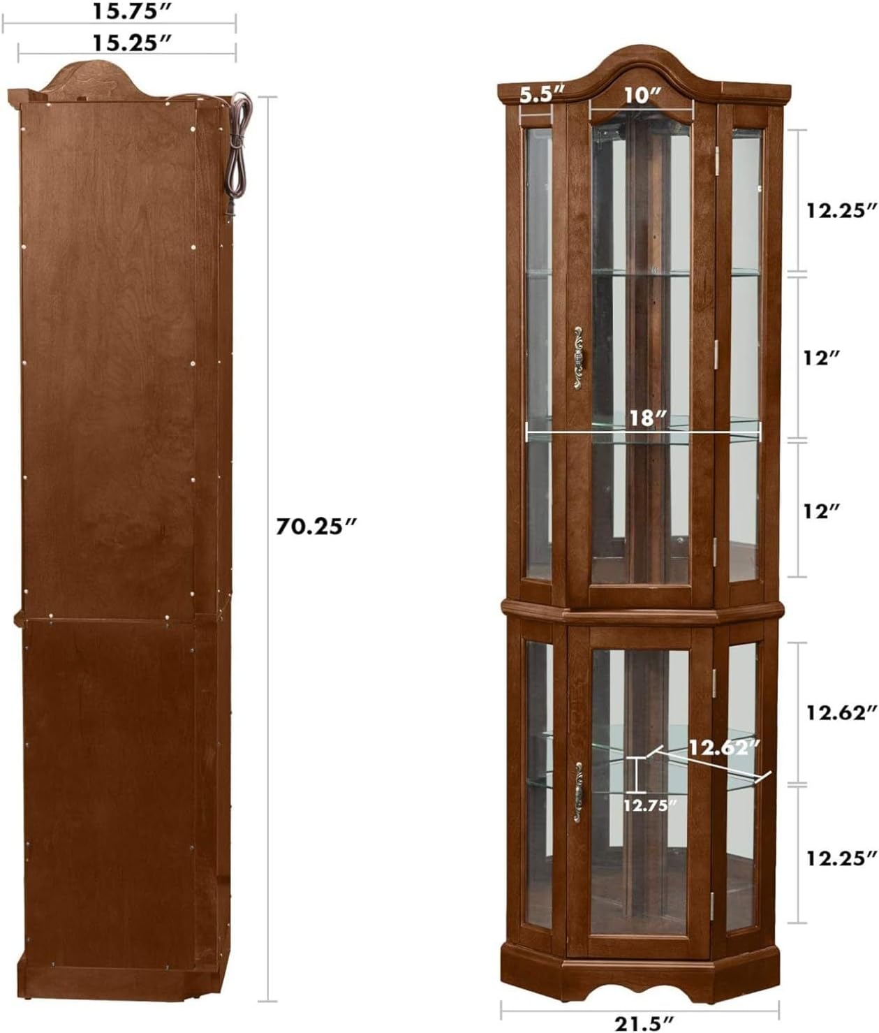 Elegant Walnut Corner Curio Cabinet, 70.25