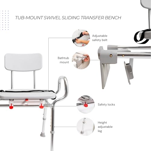 Eagle Health Supplies Tub-Mount Swivel Sliding Shower Transfer Bench, 360 degree swivel, Grab Bar, Rust-Resistance, No Tool Assembly