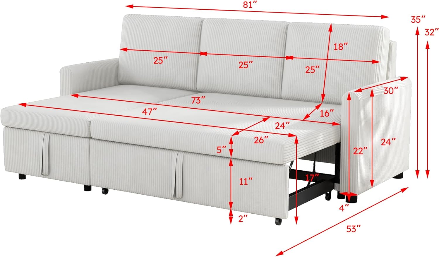 Convertible Sleeper Sofa Bed 3 in 1, Soft Corduroy L-Shaped Couches for Living Room, Small Pull Out Sectional Futon Sofa Bed with Storage Chaise and 2 Pillows, for Small Space Apartment, Beige