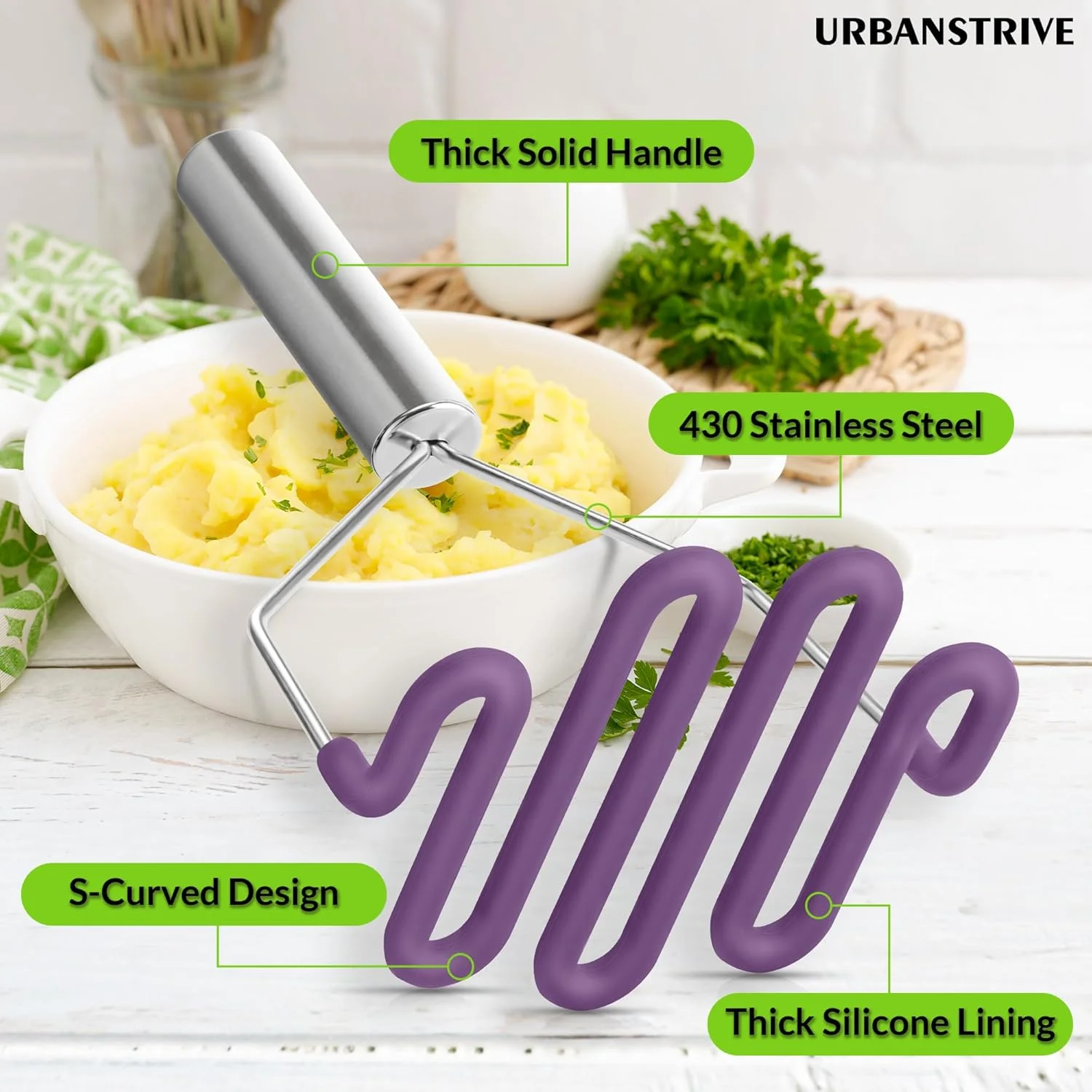 Scratch-resistant silicone potato mash maker, kitchen tool, stainless steel outer layer wrapped with high-quality silicone.