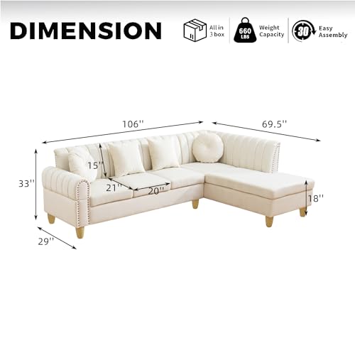 Sectional Sofa Couch Set,L-Shape Sofa Sectional Couch Set with Curved Armrests for Living Room/Office/Apartment（White，Facing Left Chaise）