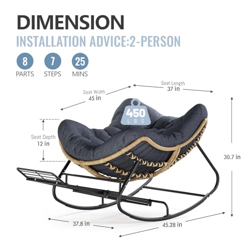 SWITTE Outdoor Rocking Chair, Oversized Patio Papasan Rocker, Comfy Wicker Reading Lounge, Indoor Egg Chair for Bedroom, Living Room, Porch, Garden, Lawn-Dark Grey