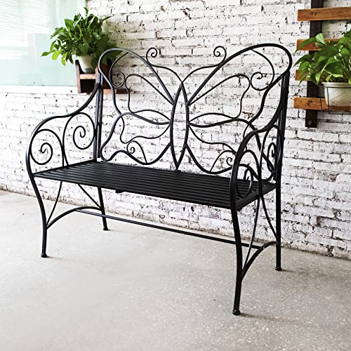 HLC Outdoor Bench Patio Outdoor Sturdy Rust-Resistant Garden Bench Butterfly Cast Iron Metal with Armrests for Garden, Park,Yard, Patio, Porch, Lawn Double Seats Black