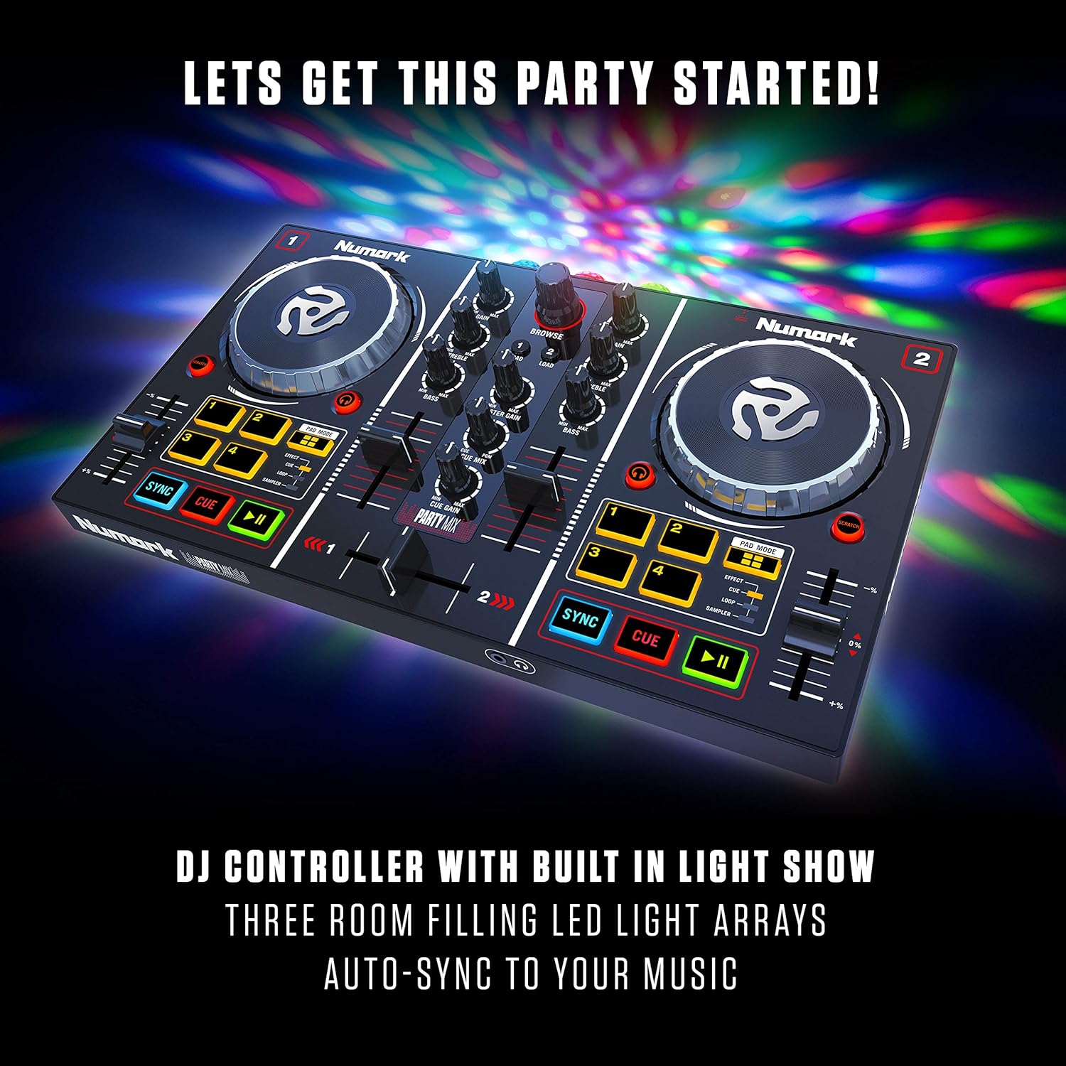 Numark Party Mix - Complete DJ Controller Set for Serato DJ with 2 Decks, Party Lights, Headphone Output, Performance Pads and Crossfader/Mixer
