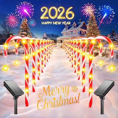 24 Pack Upgraded Solar Candy Cane Lights Outdoor, Christmas Decorations Outdoor Solar Christmas Pathway Lights Waterproof with USB Charging 10 Modes for Yard Garden Lawn Path Walkway Party Xmas Decor