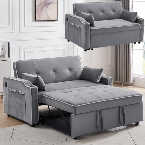 3 in 1 Convertible Futon Couch with USB Ports, Velvet Pull Out Sleeper Sofa Bed with Cup Holders and Pockets,Modern Loveseat with Adjustable Backrest,Small Love Seat for Living Room (Black)