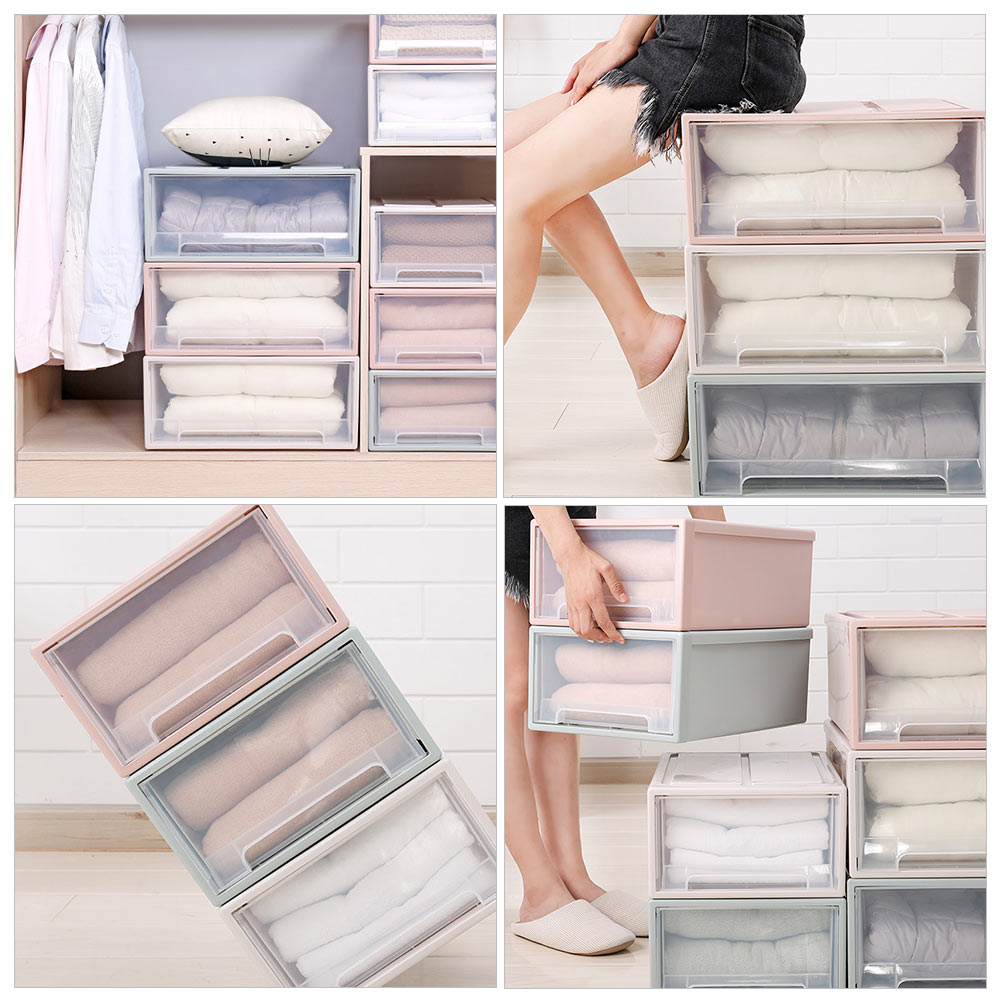 2 pcs  Stackable Transparent Storage Box Drawer-type Clothes Shoes Organizer