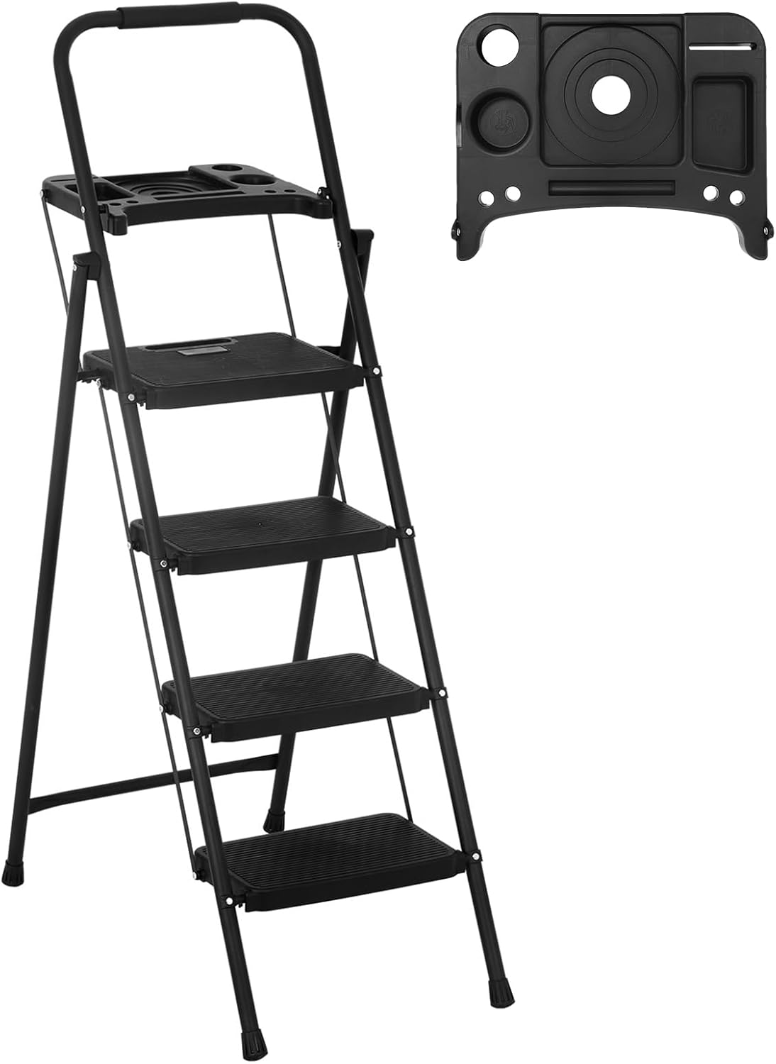 4-Step Ladder Folding Step Stool with Tool Tray Portable Sturdy Steel Stepladder with Wide Anti-Slip Pedal Lightweight 330Lb Capacity Indoor Ladder for Home Library Garage, Black