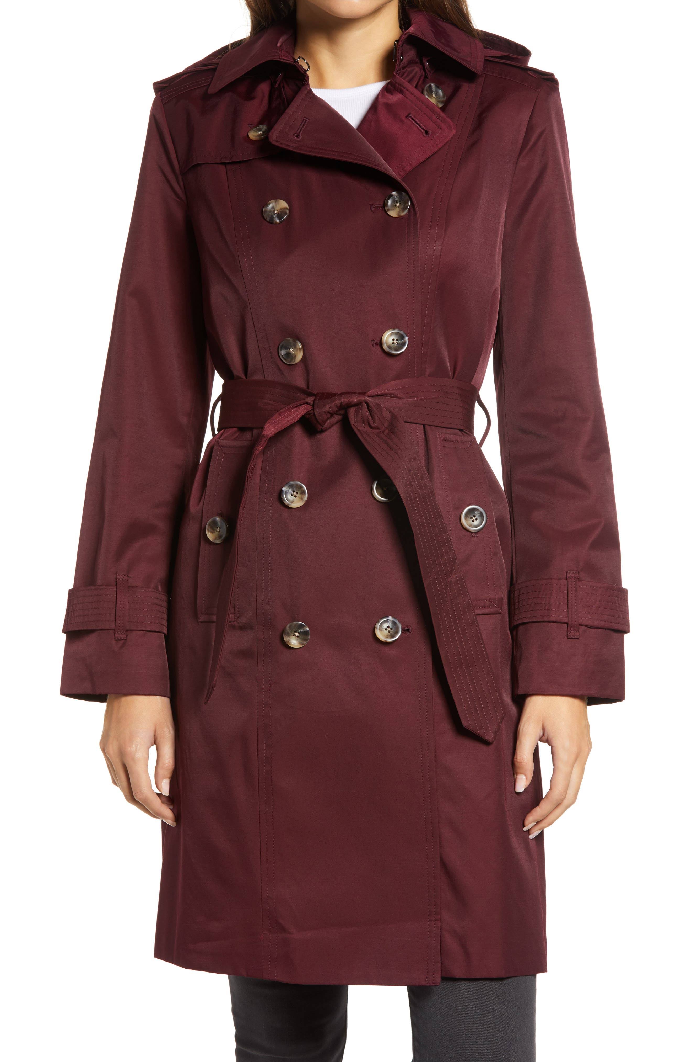 London Fog Double Breasted Trench Coat with Removable Hood - Red - X-Small