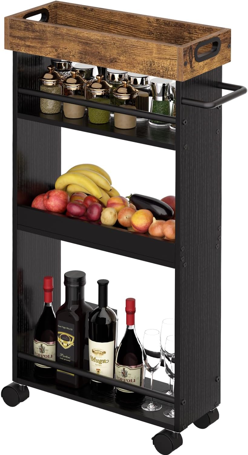 Slim Rolling Storage Cart, 4 Tier Laundry Rolling Cart with Pallets, Kitchen Carts on Wheels with Storage, Slim Cart for Small Spaces with Handle for Small Spaces for Kitchen, Bathroom, Laundry Room