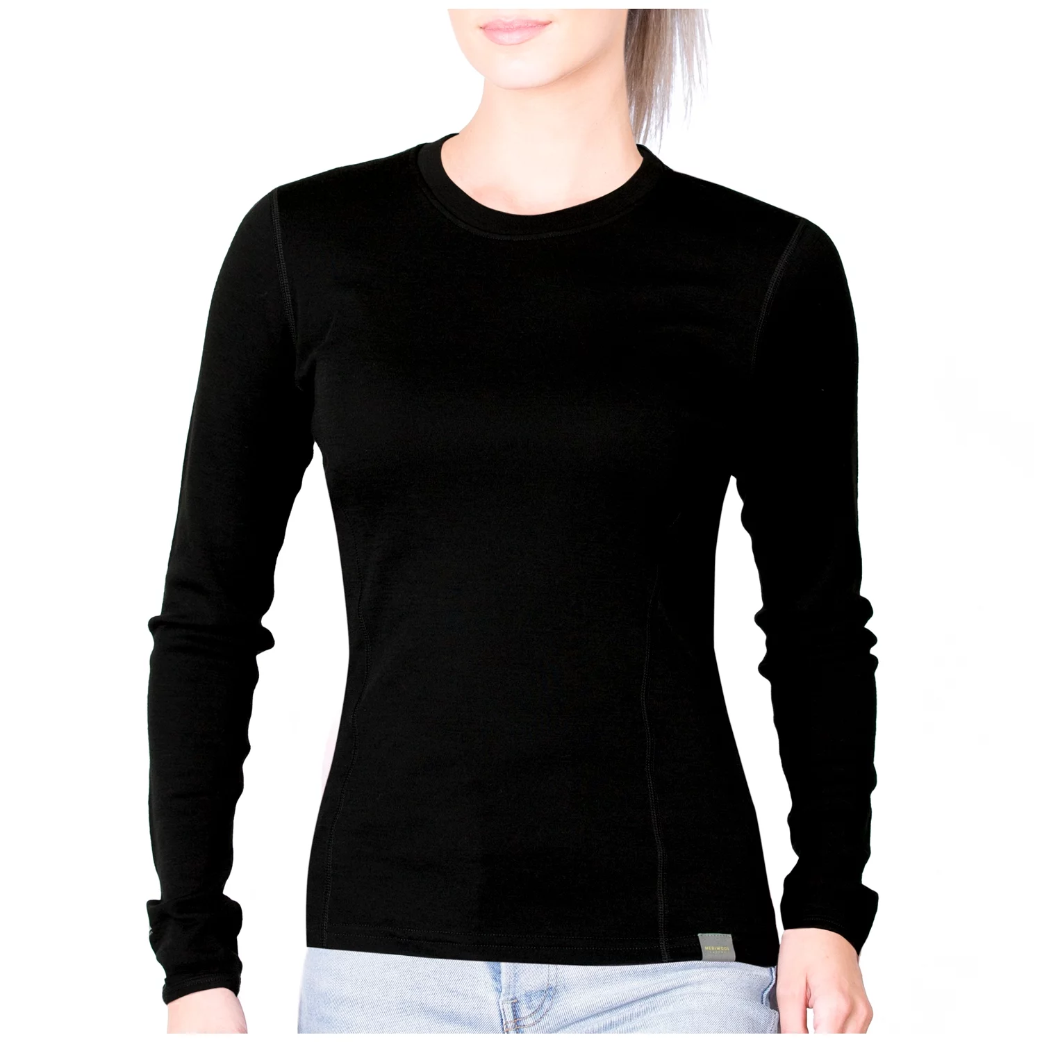 MERIWOOL Women's Merino Wool Midweight Baselayer Crew - Black - XS