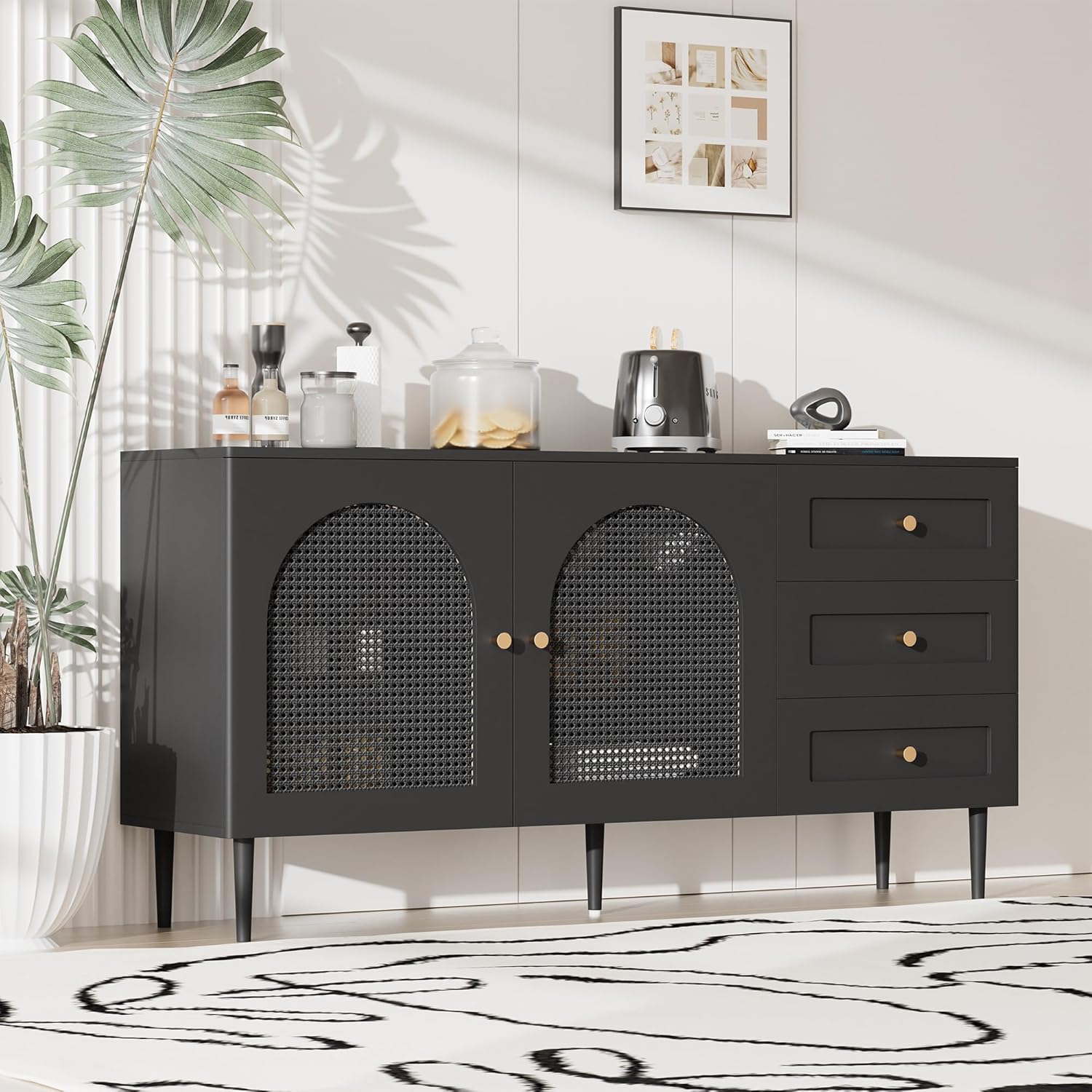 Modern Black Sideboard Buffet Cabinet with Storage & 3 Drawers, Console Table with Storage, Kitchen Cabinet Adjustable Shelves for Dining Room, Living Room, Entryway