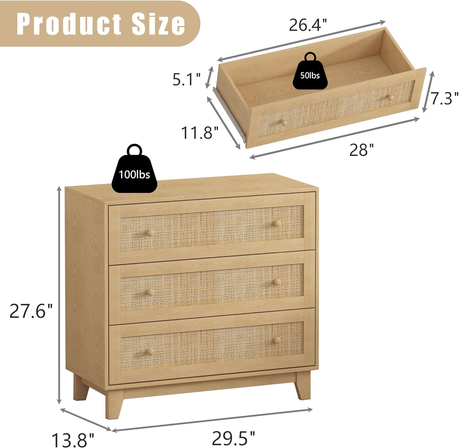 3 Drawer Dresser for Bedroom, Natural Rattan Boho Small Closet Dressers Chest of Drawers, Modern Wood Clothes Storage Organizer with Wooden Feet and Handles for Hallway, Living Room, Entryway