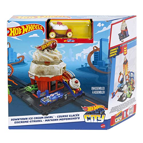 HOT WHEELS City Downtown Spielset Eiskrem-Strudel - Rennbahn-Action mit manuellem Aufzug, Eiskrem-Wirbel und herunterklappbarer Rampe, inklusive 1 Hot Wheels Auto, für Kinder ab 4 Jahren, HKX38