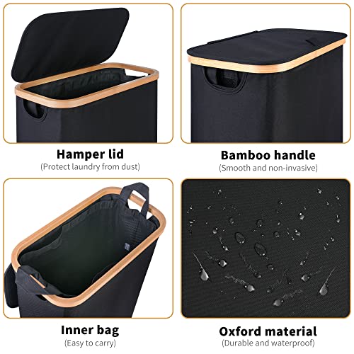 Slim Laundry Hamper with Lid,75L Collapsible Clothes Hamper for Laundry,Dirty Clothes Basket with Bamboo Handles & Removable Laundry Bag for Bedroom, Bathroom, Dorm, Laundry Room, Black