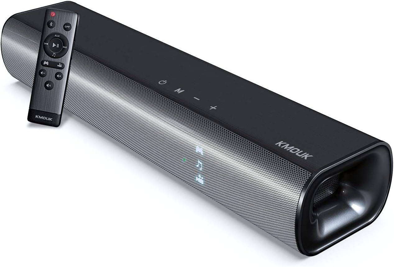Soundbar, KMOUK Sound Bar for Small TV, Bluetooth 5.0, Mini Sound bar for PC/Home Theater, 2.0 Channel, 3 Equalizer Mode Audio, Optical/Aux/RCA Connection, Wired Gaming Speaker with 3D Surround Sound