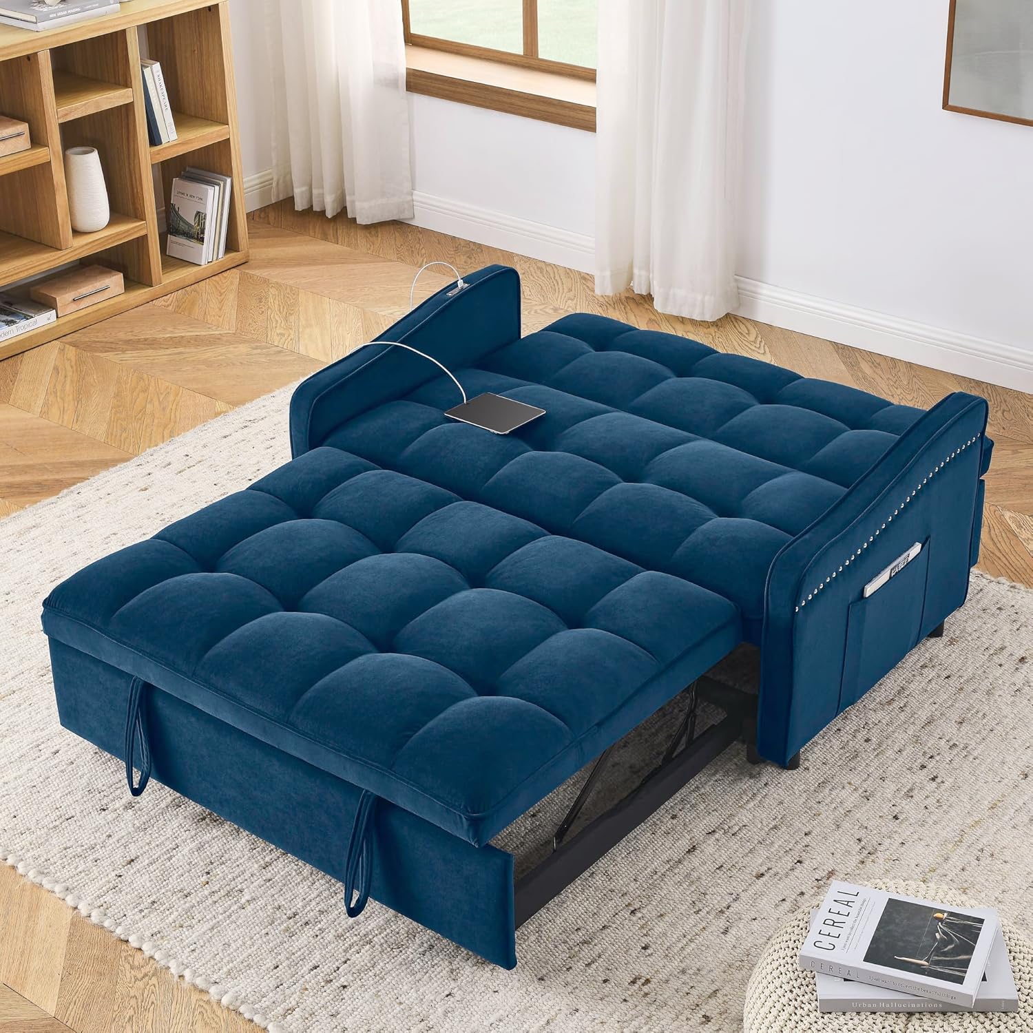 3 in 1 Convertible Sleeper Sofa Couch with Pull Out Bed,Small Futon Loveseat Lounge Chaise with Reclining Backrest and Armrest,Soft Upholstered Love Seats RV Furniture for Living Room