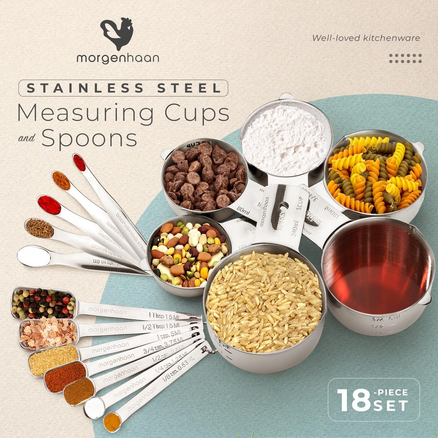 Stainless Steel Measuring Cups and Spoons Set - Heavy Duty, Dishwasher Safe 18-Piece Set - Made for Baking, Cooking including Metric Measures