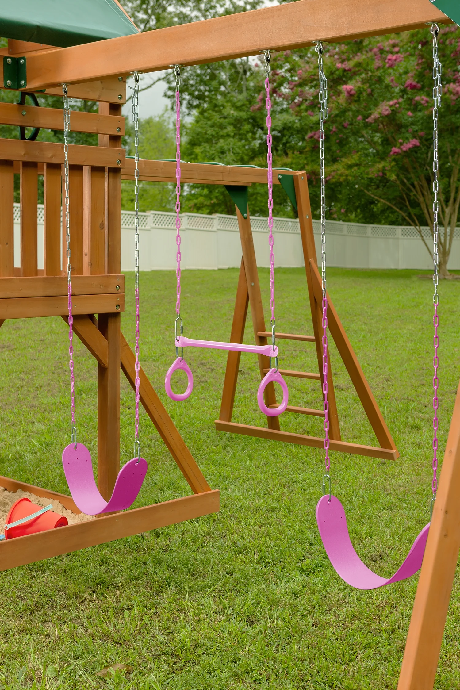 Creative Cedar Designs Mountain View Lodge Swing Set with Wooden Roof with Pink Accessories & Green Slide