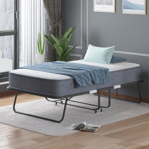 Mjkone Folding Bed with 5 Inch Memory Foam Mattress, Single Rollaway Bed for Guests, Space Saving Portable Bed with Lockable Wheels, Easy Assembly & Moving, 75 x 46 (Upgraded)