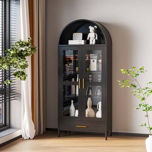 Metal Arched Storage Display Cabinet in Black with Drawer, Arched Cabinets with Glass Doors and Shelves for Living Room, Kitchens and Bedrooms, Assembly Required