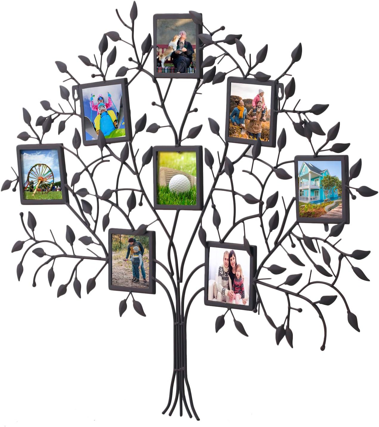 Adeco PF0566 Family Tree Metal Wall Hanging Decorative Collage Picture Photo Frame, 8 Openings, 4x4 Each, Black with Antique Finish