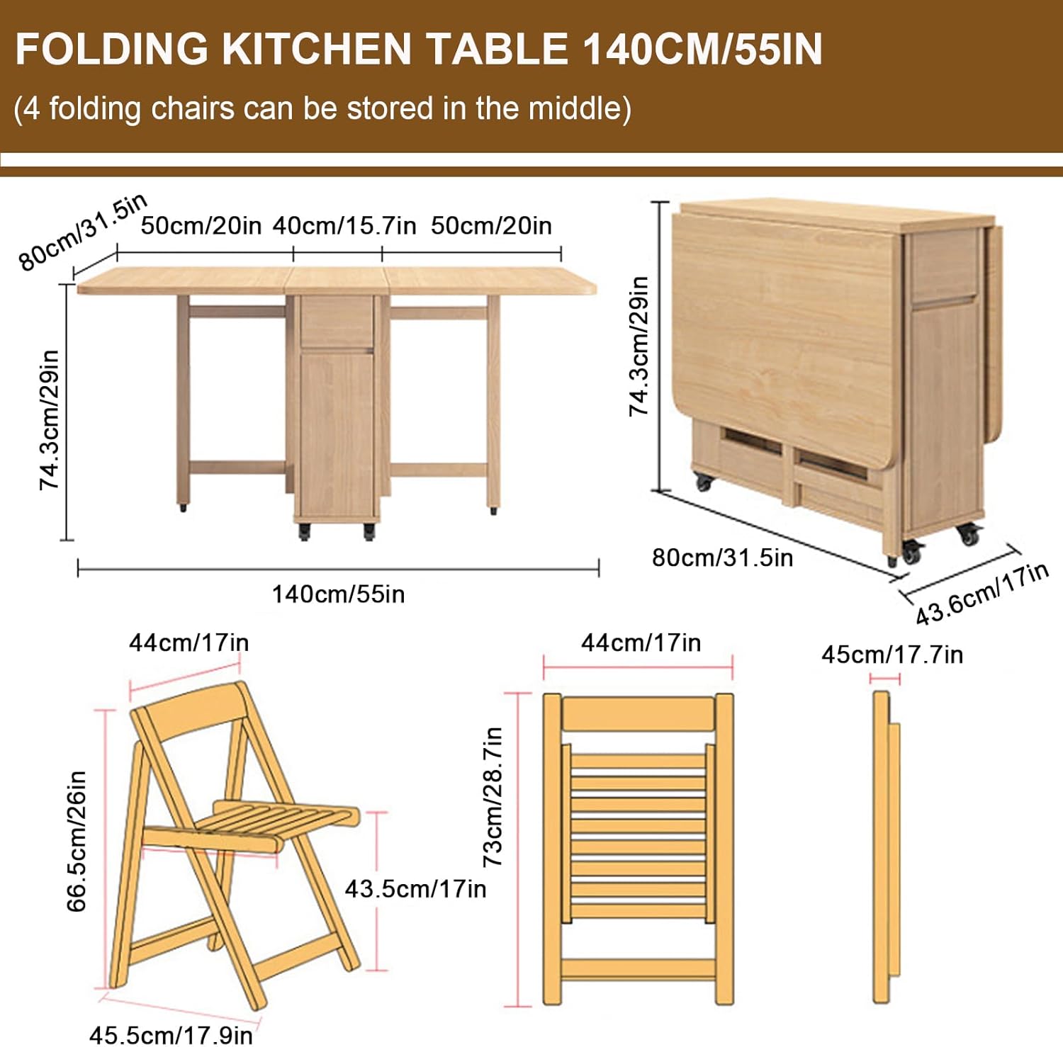 Folding Dining Table with 4 Chairs, Space Saving Dining Table, Folding Dining Table with Wheels Drop Leaf Table Extension Dinner Table for Kitchen, Dining, Living Room,Original wood
