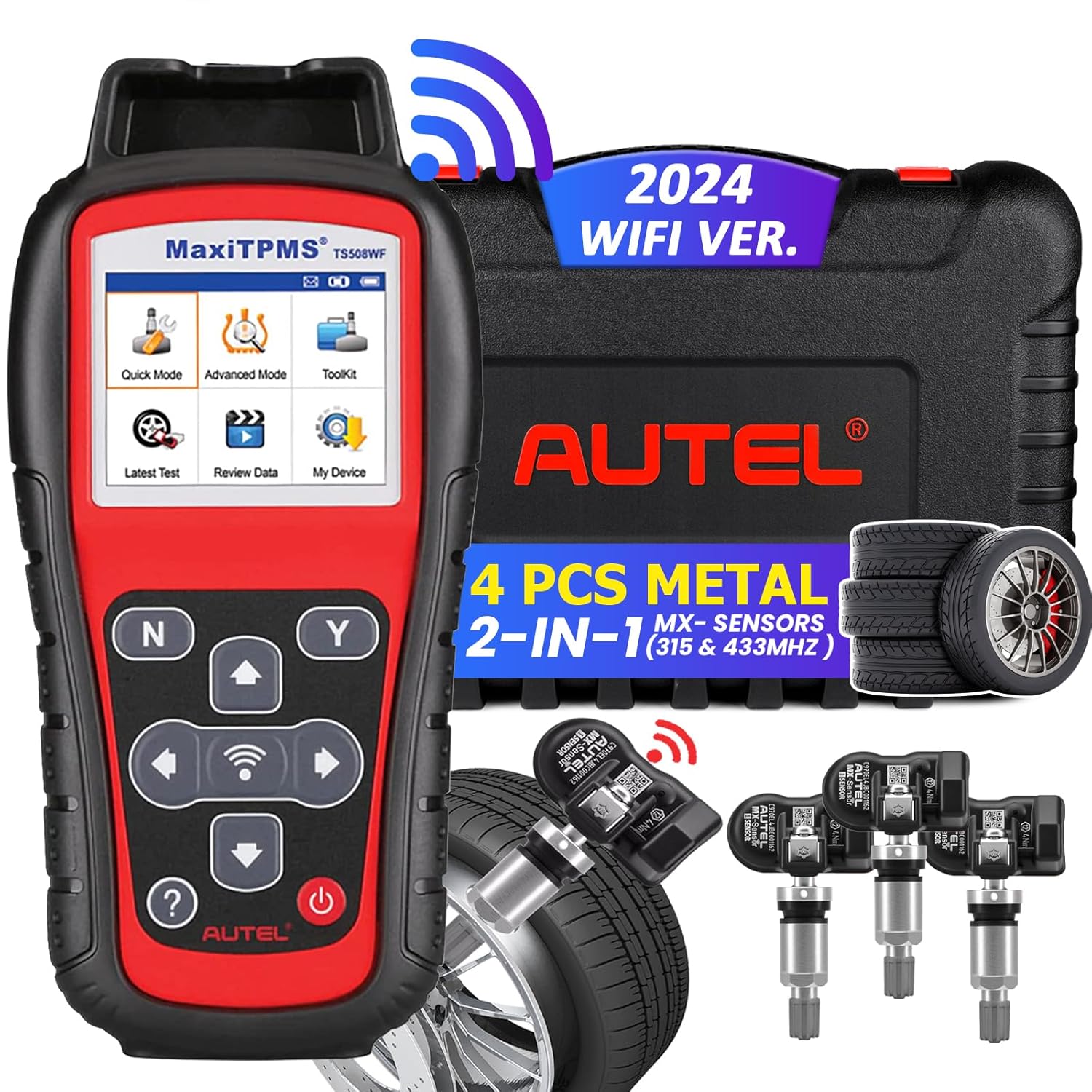 Autel MaxiTPMS TS508WF Kit TPMS Tool, 2024 Newest TPMS Relearn Tool with 4PCS 315+433MHz Sensors, Updated of Autel TS408/TS508, Top TPMS Scanner for TPMS Reset/Activation/Program, Program MX-Sensors