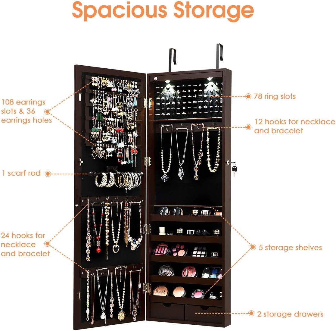 Giantex Jewelry Armoire Wall Door Mounted, Lockable Jewelry Cabinet with 42.5'' Full Length Mirror, 2 LEDs Jewelry Organizer Box with 2 Drawers, Mirror with Jewelry Storage (Espresso)