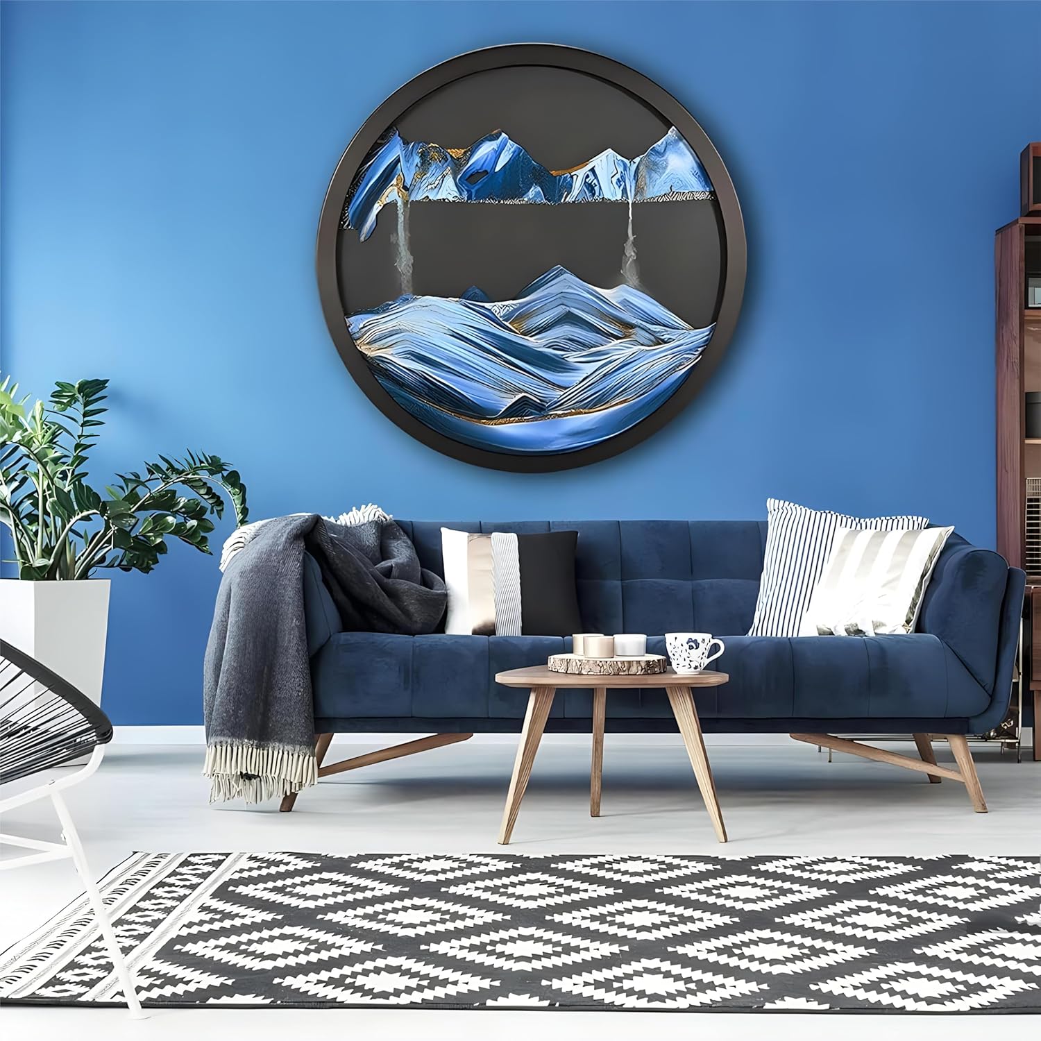23.6'' Moving Sand Art Decor, Sand Art Wall Mounted Rotate Sculpture, Wall Art Deep Sea Sandscape, Glass Crafts Solid Wood Frame, Relaxing Mood Home Office Work Decor (Blue-Black Background)