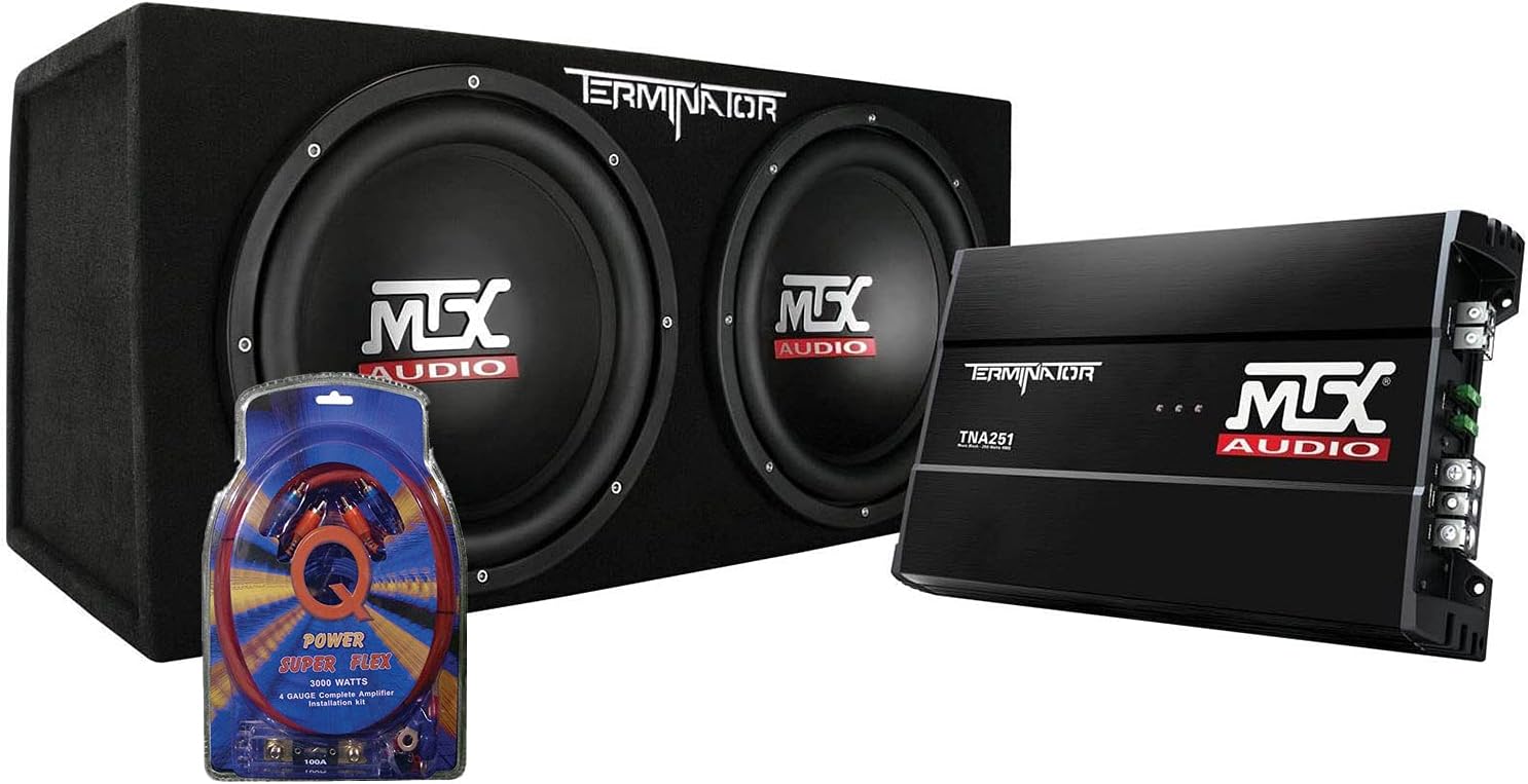 MTX TNP212D2 12 Inch 1200W Dual Loaded Car Subwoofer Audio, Sub Box, and Amplifier with QPower Super Flex 4 Gauge 3000 Watt Amplifier Wiring Amp Kit