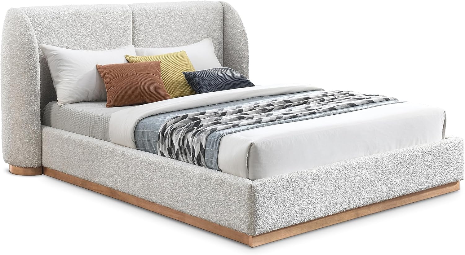Meridian Furniture Jardin Collection Art Deco Full Rich Cream Boucle Fabric, Solid Wood Base, Rounded Wing Back Bed