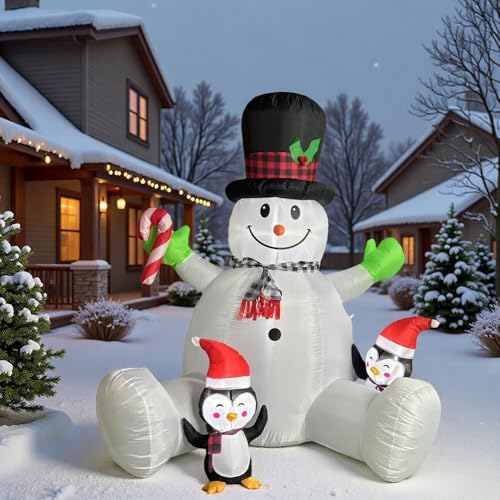 7 FT Inflatable Christma Decorations, Inflatable Snowman with Penguins, Christmas Blow Ups Yard Decorations with Colorful LED Lights, Christmas Inflatables for Garden Lawn Xmas Holiday