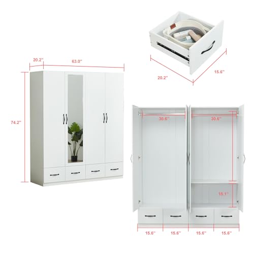 Wardrobe Closet, 2 Door Wardrobe Cabinet with Storage Cabinet, Armoire Wardrobe Closet with Storage Drawers, Bedroom Armoires with Hanging Rod, White Wooden Closet (71