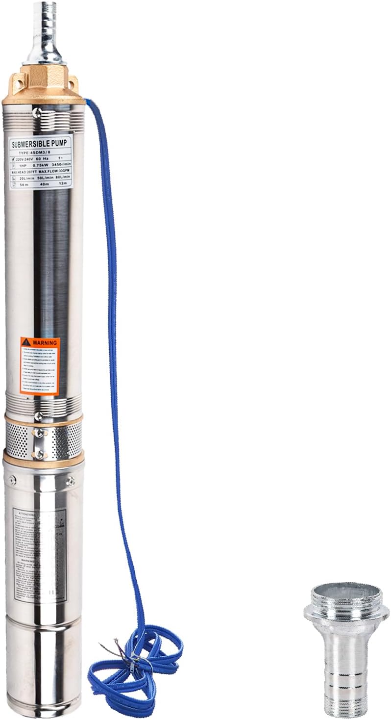 1HP Deep Well Submersible Pump, 220V/ 60HZ 0.75KW Stainless Steel Water Well Pumps for Industrial and Home Use, 1.25