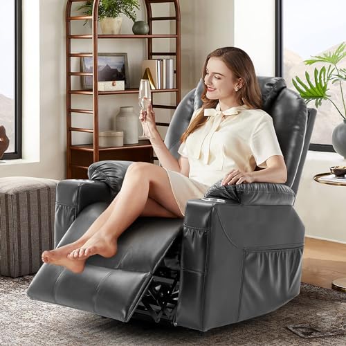 Electric Power Lift Recliner Chair with Heat & Massage for Elderly, PU Leather Reclining Chairs w/2 Metal Cup Holders and USB & Type-C Ports for Seniors Home Living Room, Grey