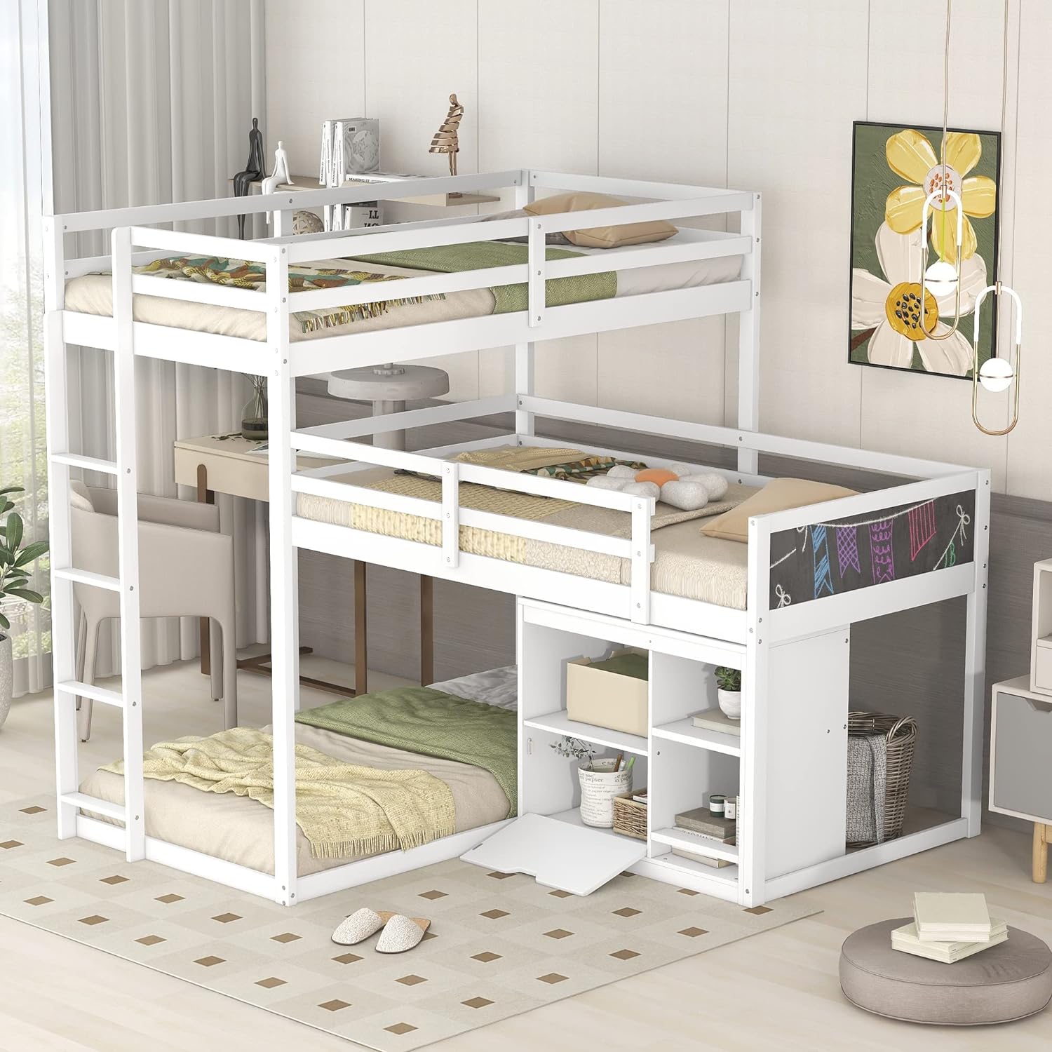 Size Triple Bunk Beds L-Shaped Bunk Beds With Cabinet, Blackboard And Ladder, 3 Bed In 1 Triple Bed Soli Wood Triple Bed For Kids And Teens (White)