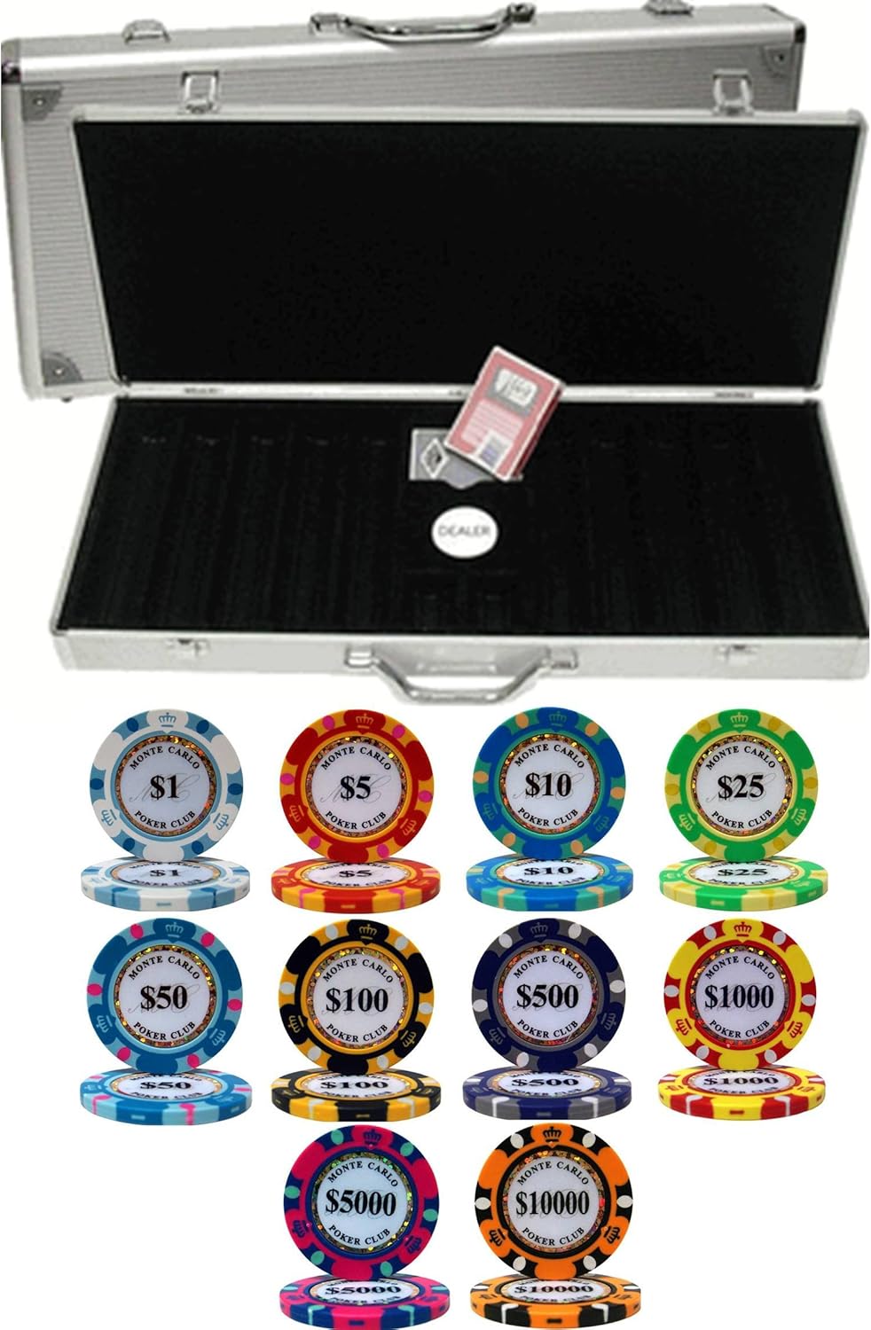 Monte Carlo Home Style 14gm 500 Chip Clay Poker Set with Aluminum Case - Comes with Free Button Set!